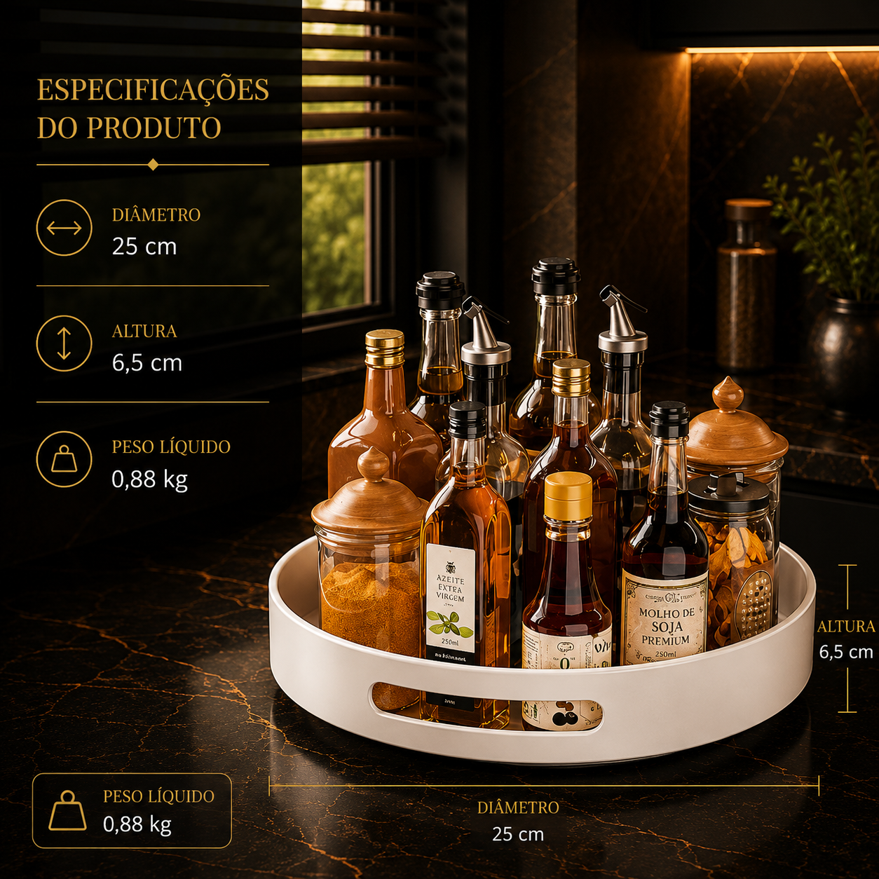 Prateleira de Especiarias Rotativa 360° em Aço Carbono Lazy Susan Organizador Giratório para Despensa Armário Bancada