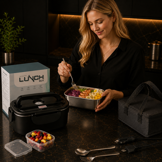 Lancheira Elétrica 1.5L – Aquecimento Automático, 4 Voltagens, com Saco + Garfo + Colher