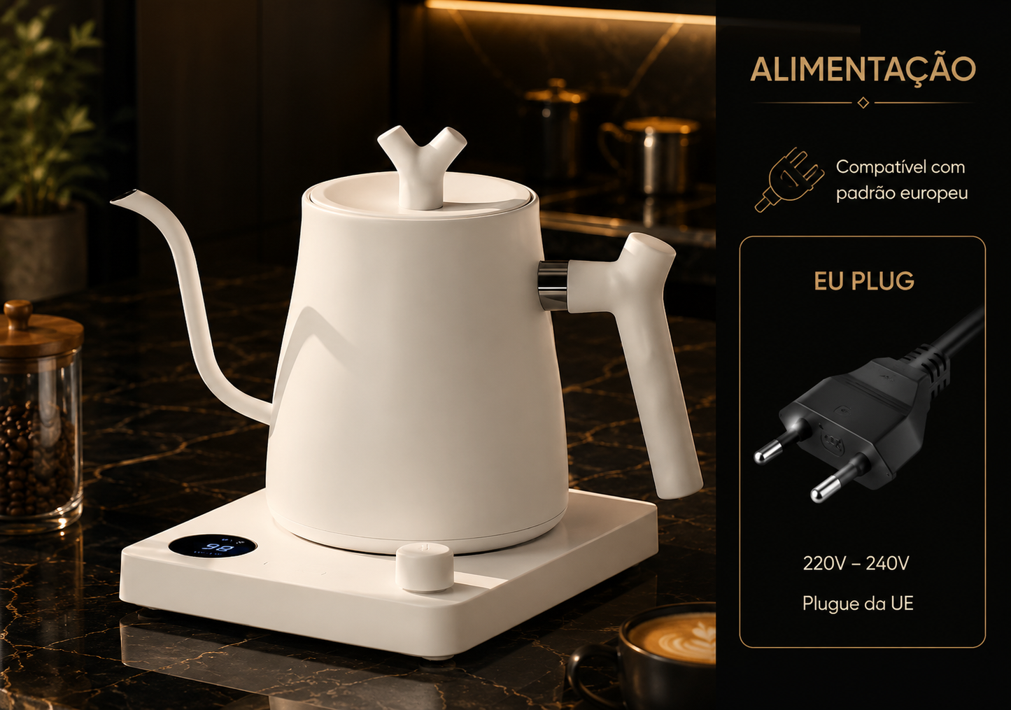 Chaleira Elétrica de Bico de Ganso milAlim 1000W – 1L, Aço 304, Ecrã LED, Controlo de Temperatura