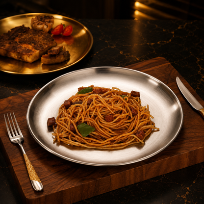 Thickened Stainless Steel Golden Round Plate – Flat Bottom, for Fruit, Cake, BBQ, and Desserts