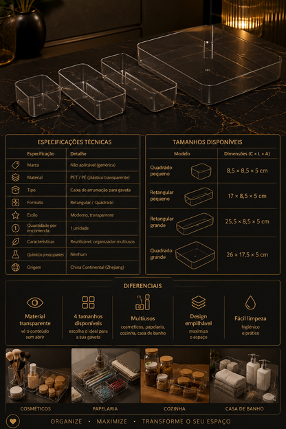 Organizador Transparente para Gaveta – Caixa de Arrumação para Cosméticos, Papelaria, Cozinha e Casa de Banho