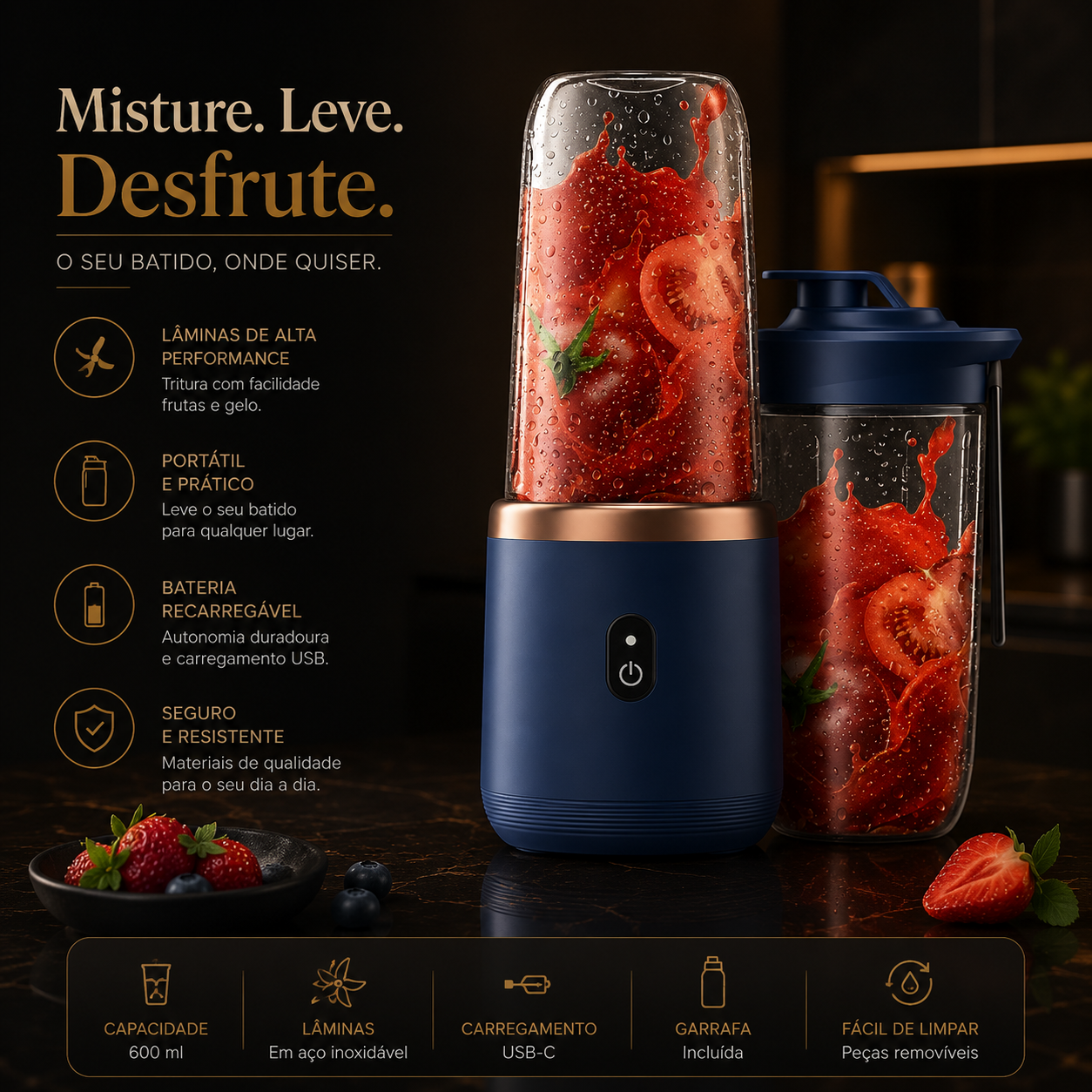 Liquidificadora Portátil para Sumos e Batidos – Mini Garrafa Elétrica USB com 6 Lâminas