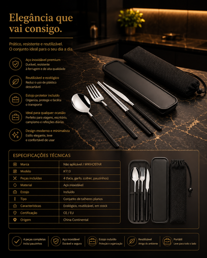 4-Piece Portable Cutlery Set – Stainless Steel, with Case, for Travel and Camping