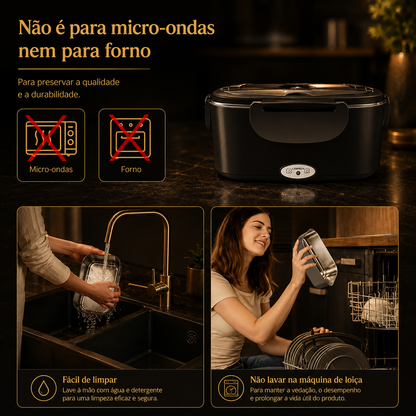 Lancheira Elétrica 1.5L – Aquecimento Automático, 4 Voltagens, com Saco + Garfo + Colher
