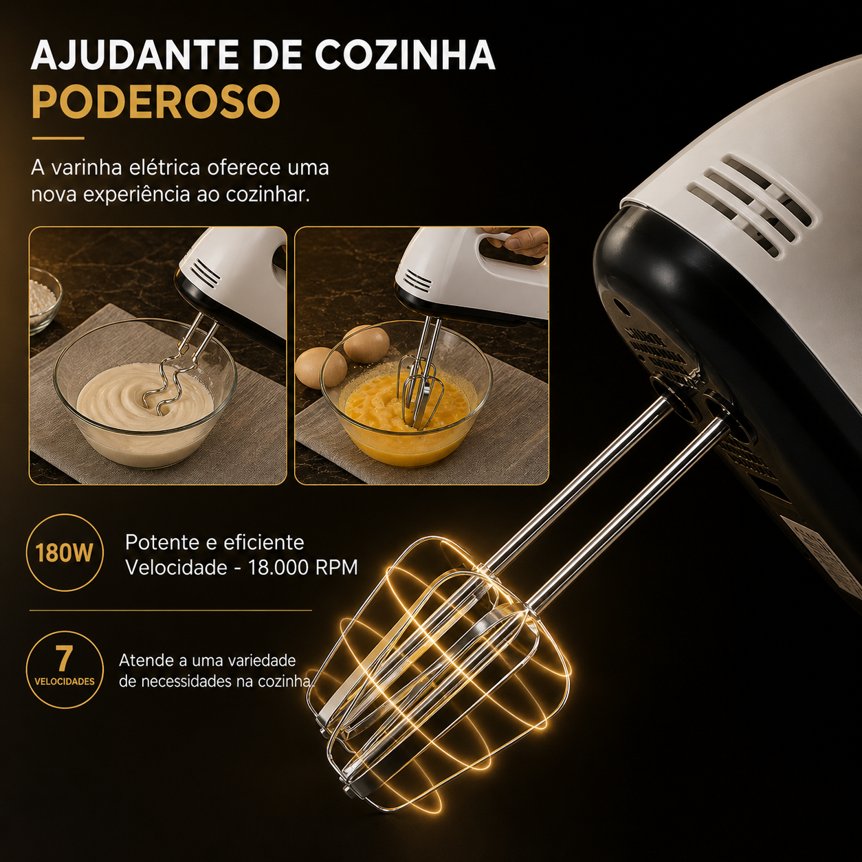 Batedeira Elétrica Portátil 7 Velocidades – Mini Misturadora para Ovos, Natas e Preparações de Cozinha