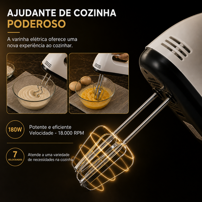 Batedeira Elétrica Portátil 7 Velocidades – Mini Misturadora para Ovos, Natas e Preparações de Cozinha