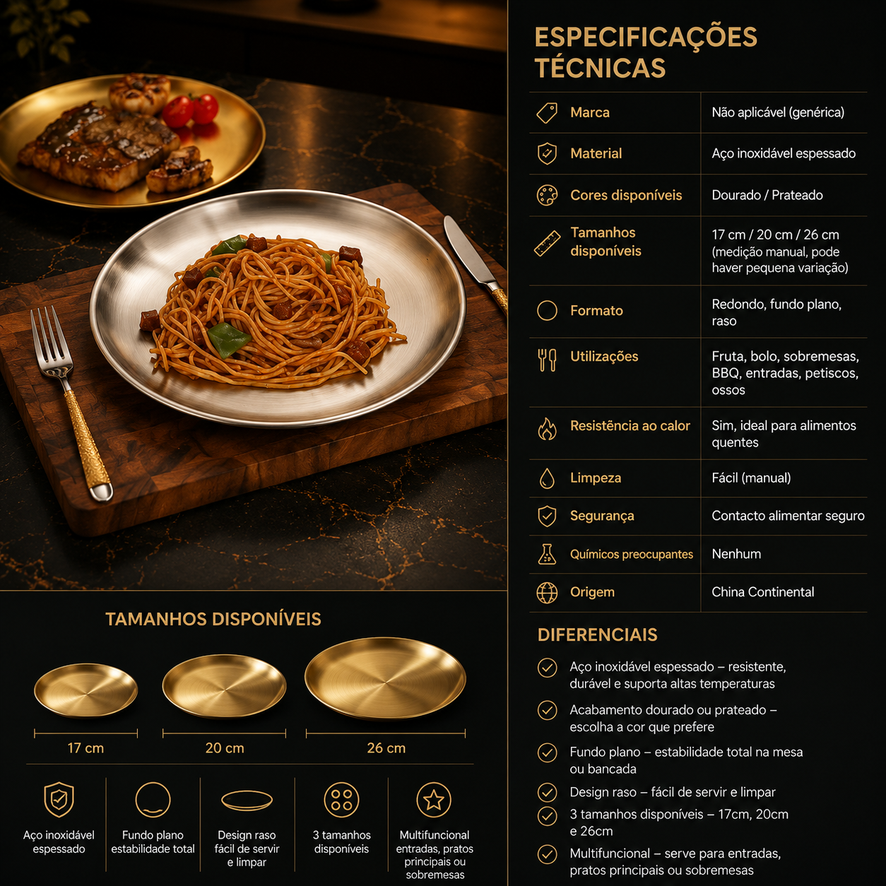 Thickened Stainless Steel Golden Round Plate – Flat Bottom, for Fruit, Cake, BBQ, and Desserts