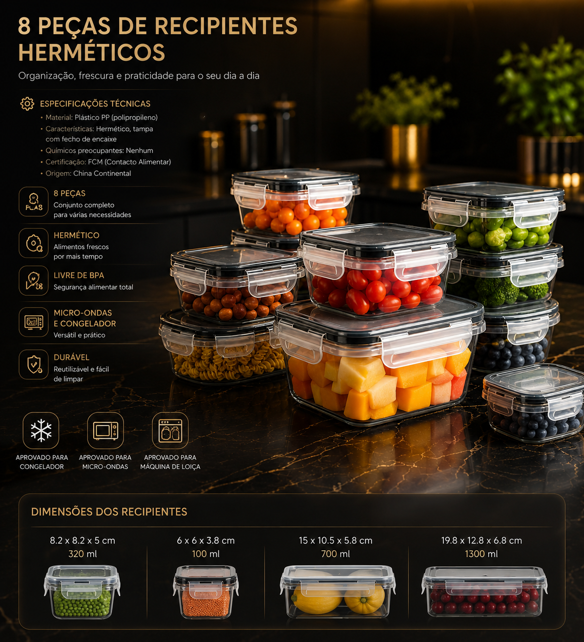 Conjunto de 8 Recipientes Herméticos com Tampa de Encaixe – Sem BPA, para Micro-ondas e Congelador