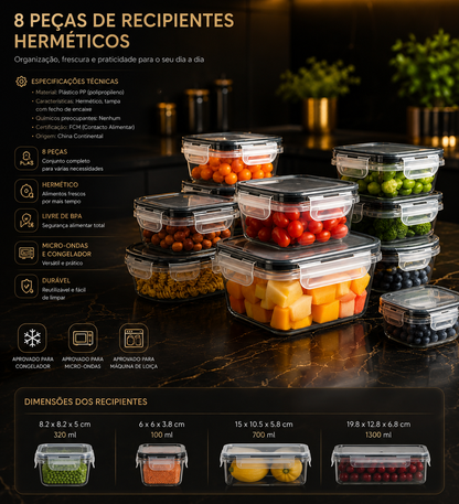 Conjunto de 8 Recipientes Herméticos com Tampa de Encaixe – Sem BPA, para Micro-ondas e Congelador
