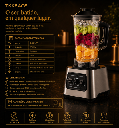 Liquidificador TKKEACE 6000W – 2.5L, 4 Lâminas, para Gelo, Frutas e Frutos Secos