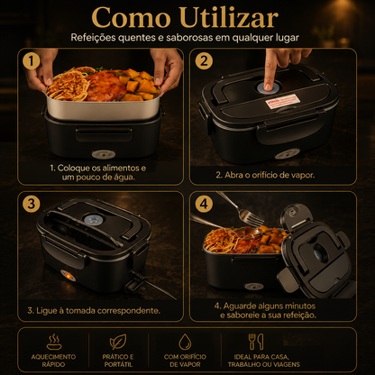 Lancheira Elétrica 1.5L – Aquecimento Automático, 4 Voltagens, com Saco + Garfo + Colher