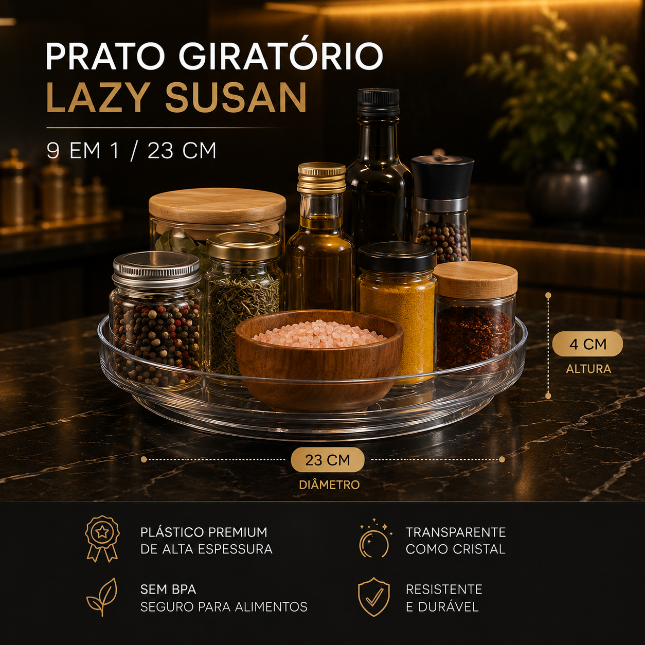 Lazy Susan Transparente Rotativa – Rotação 360° para Armários, Despensa e Frigorífico