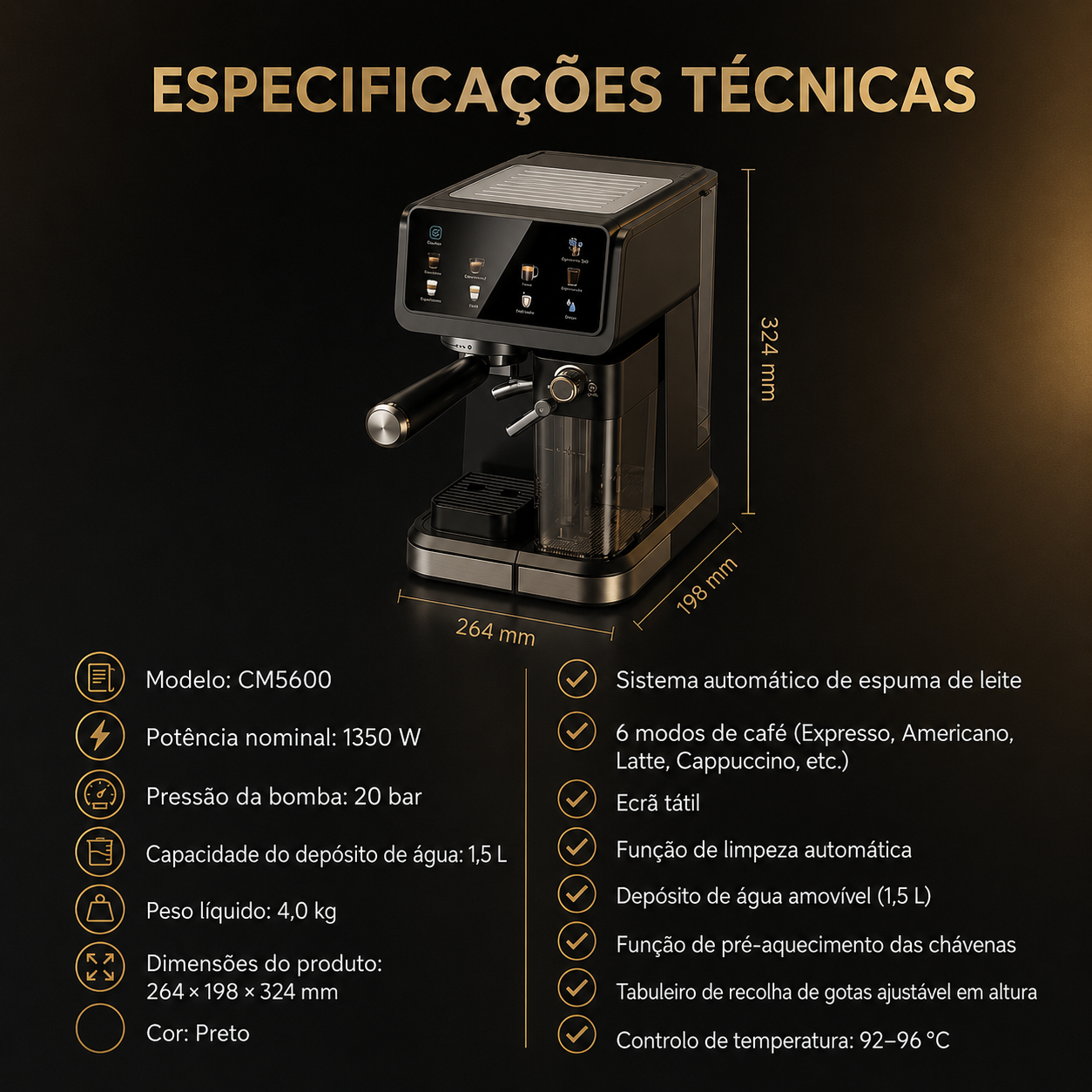 Aiorber 20 Bar Coffee Machine – 1.5L, Foamer and Steam Control