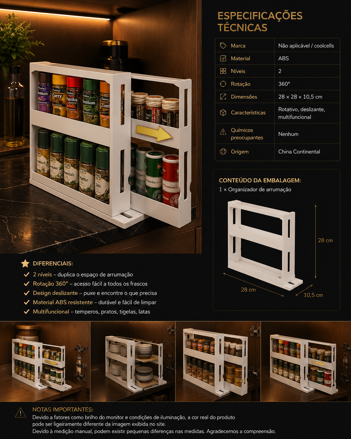 2-Tier Sliding Spice Rack Organizer – Prateleira Deslizante para Armário de Cozinha