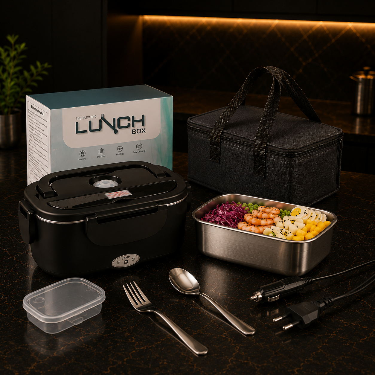 Lancheira Elétrica 1.5L – Aquecimento Automático, 4 Voltagens, com Saco + Garfo + Colher