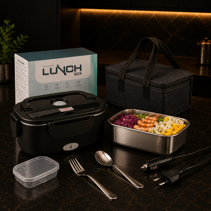 Lancheira Elétrica 1.5L – Aquecimento Automático, 4 Voltagens, com Saco + Garfo + Colher