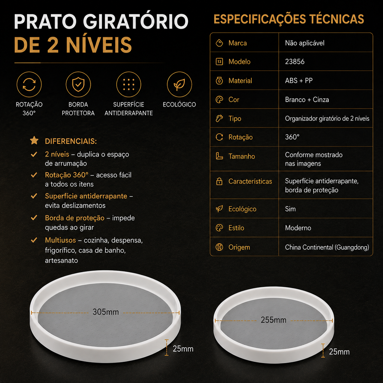 Bandeja Organizadora Rotativa para Despensa, Base Giratória para Armário de Cozinha, Prateleira de Arrumação de Condimentos de 2 Níveis, Redonda, Suporte para Especiarias