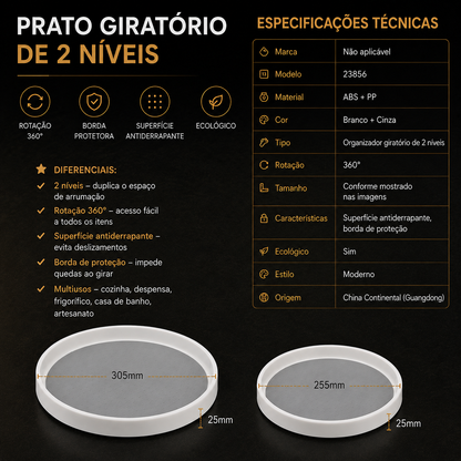 Bandeja Organizadora Rotativa para Despensa, Base Giratória para Armário de Cozinha, Prateleira de Arrumação de Condimentos de 2 Níveis, Redonda, Suporte para Especiarias