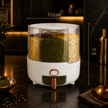360° Rotating Organizer with 6 Compartments – Airtight, for Cereals, Rice and Sweets