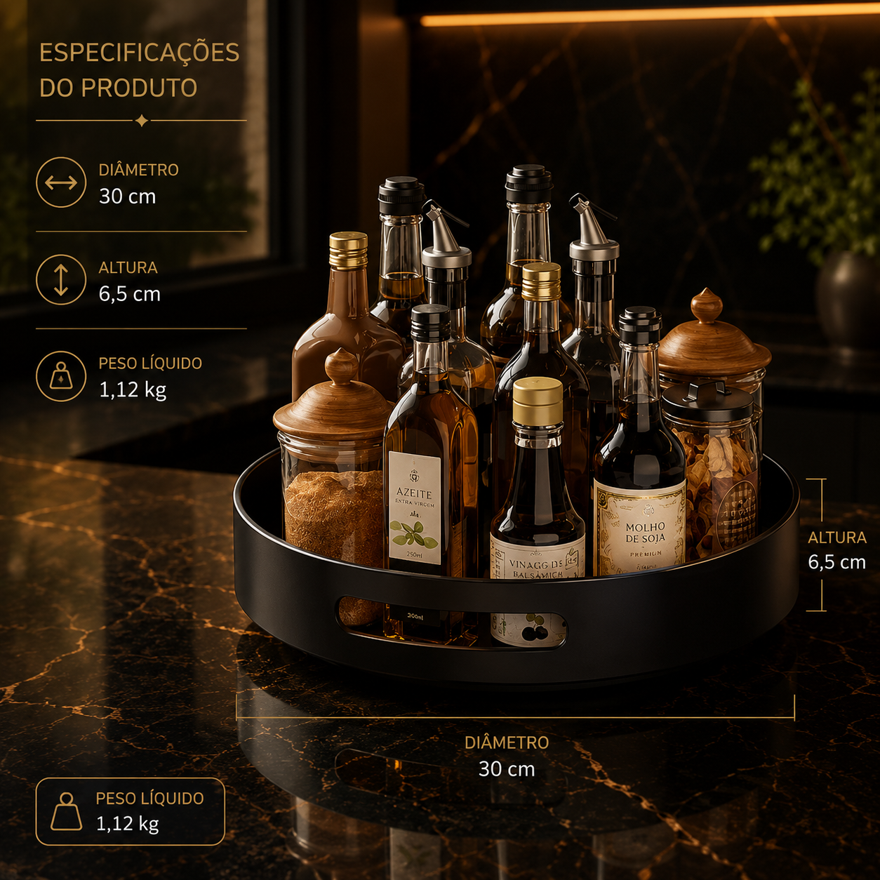Prateleira de Especiarias Rotativa 360° em Aço Carbono Lazy Susan Organizador Giratório para Despensa Armário Bancada