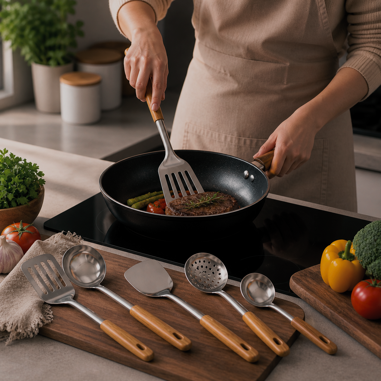 Conjunto Premium de Utensílios em Aço Inoxidável 304 – Cabo de Madeira, 5 Peças