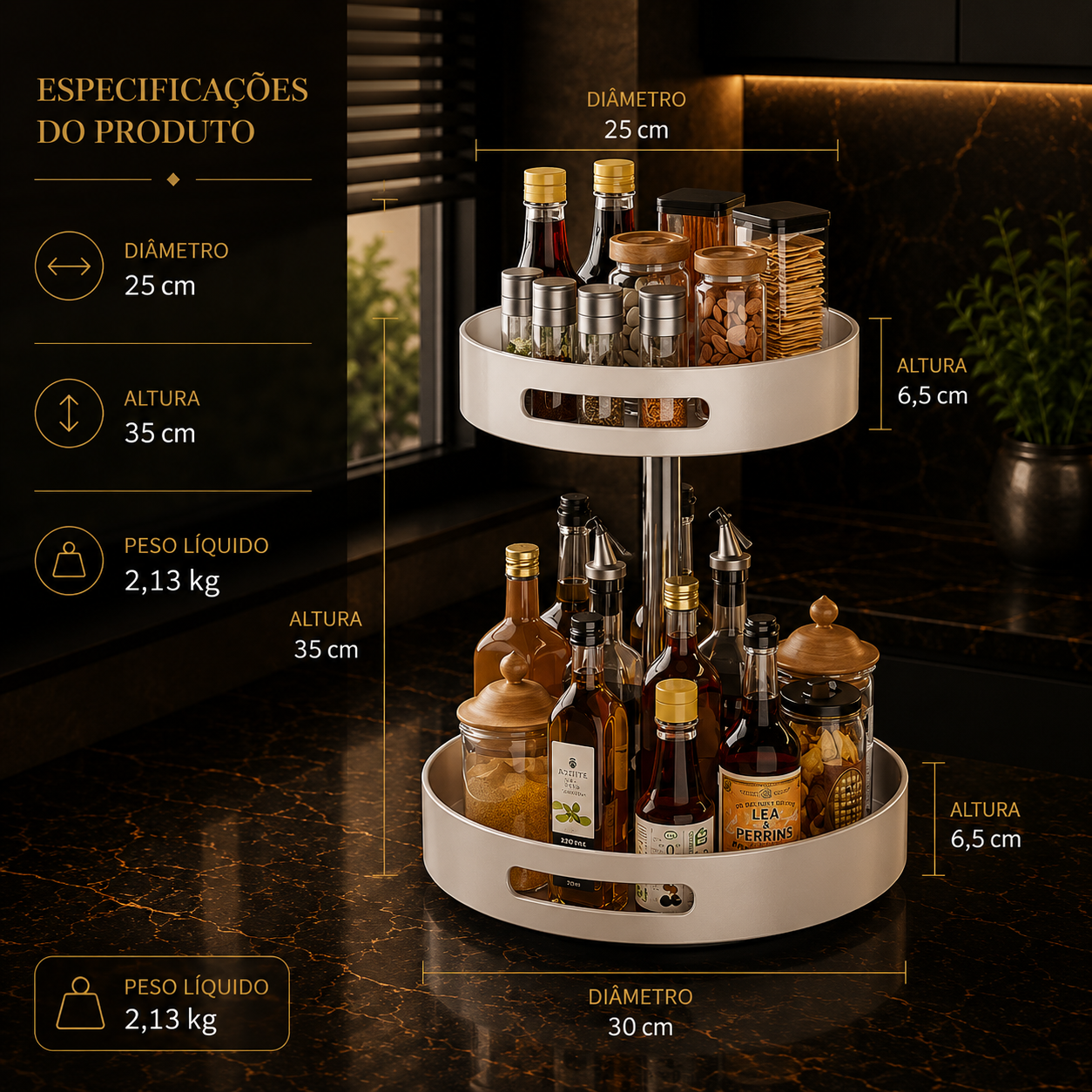 Prateleira de Especiarias Rotativa 360° em Aço Carbono Lazy Susan Organizador Giratório para Despensa Armário Bancada