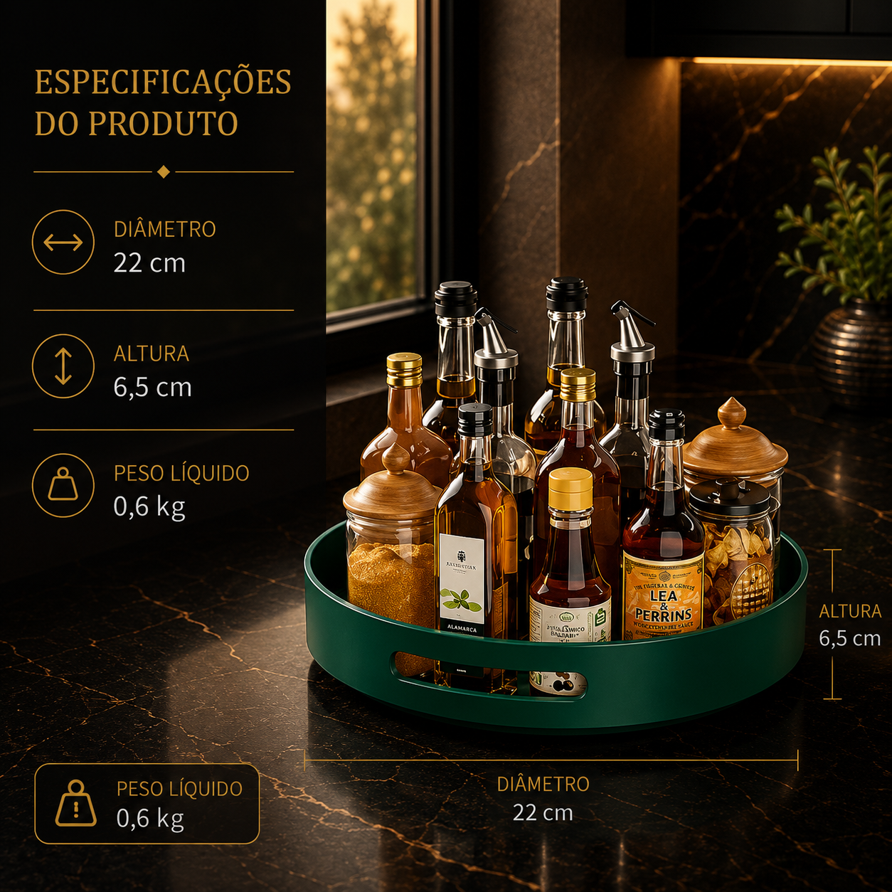 Prateleira de Especiarias Rotativa 360° em Aço Carbono Lazy Susan Organizador Giratório para Despensa Armário Bancada