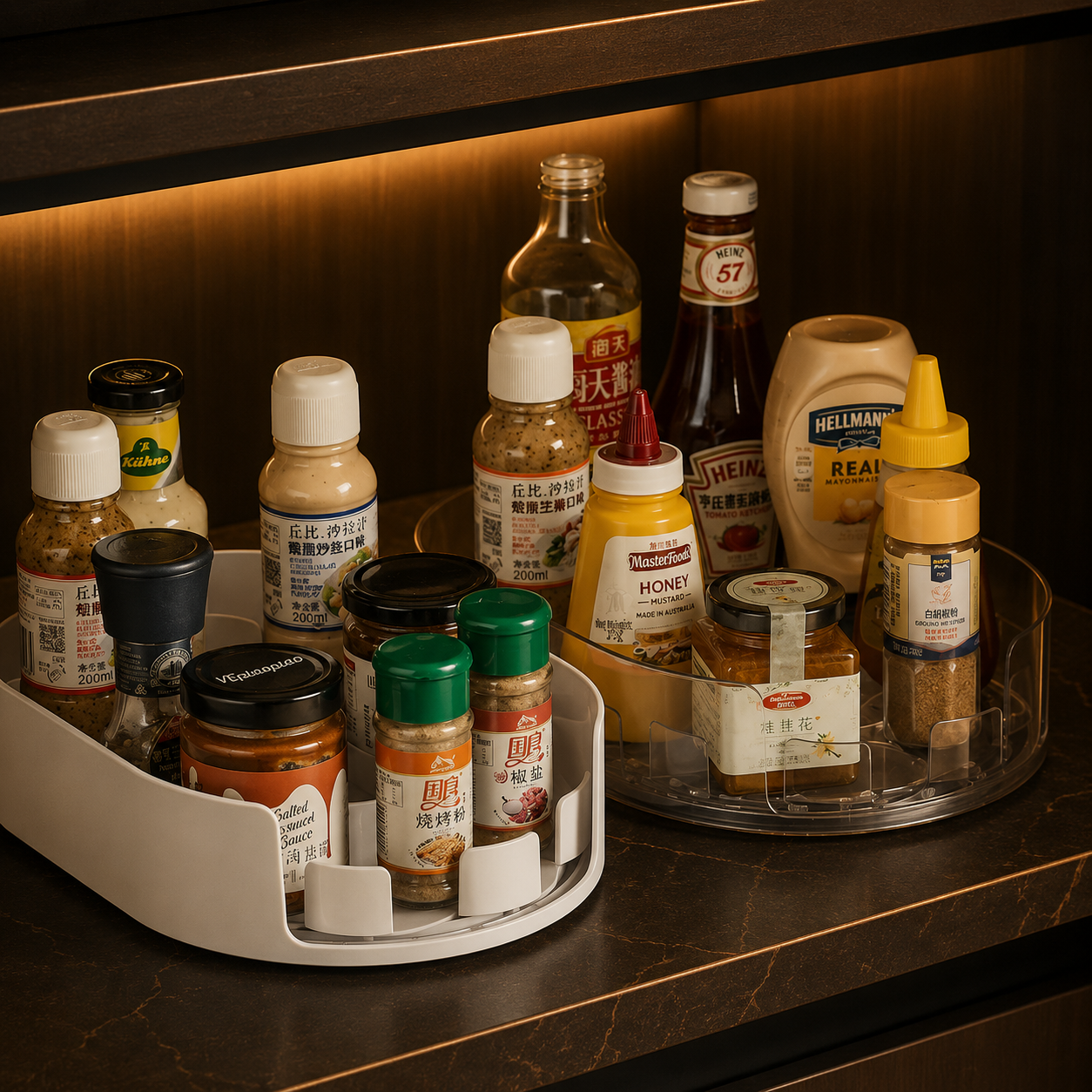 Caixa de Armazenamento Rotativa 360º para Frigorífico, Organizador Multifuncional de Especiarias, Bandeja Simples para Bebidas para Bancada de Cozinha