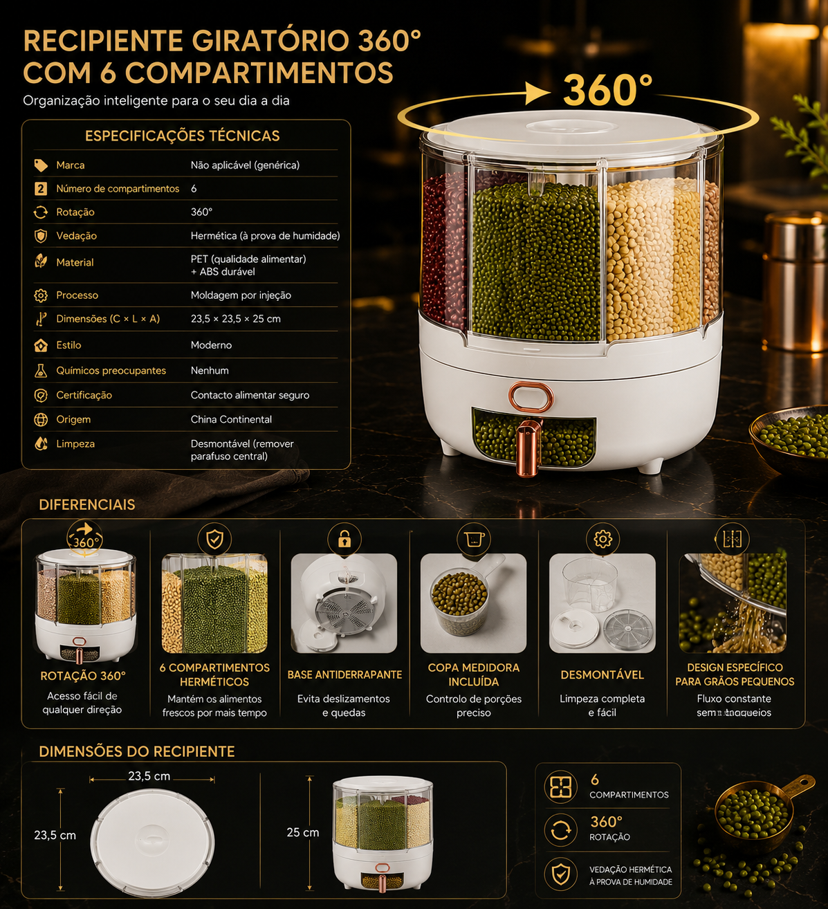 360° Rotating Organizer with 6 Compartments – Airtight, for Cereals, Rice and Sweets
