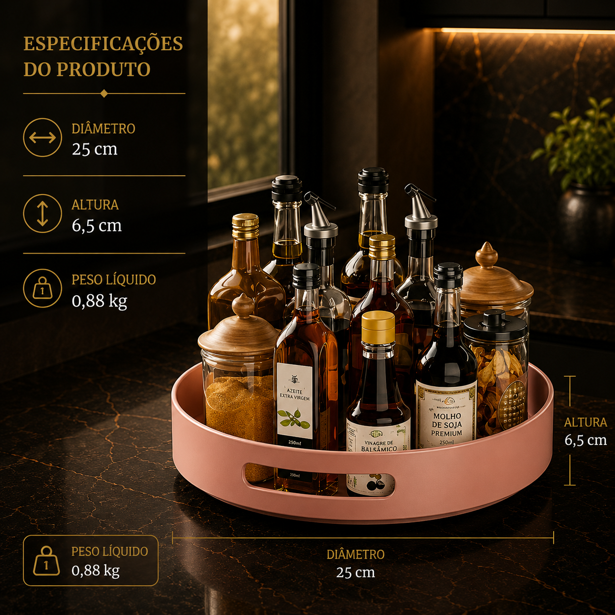 Prateleira de Especiarias Rotativa 360° em Aço Carbono Lazy Susan Organizador Giratório para Despensa Armário Bancada