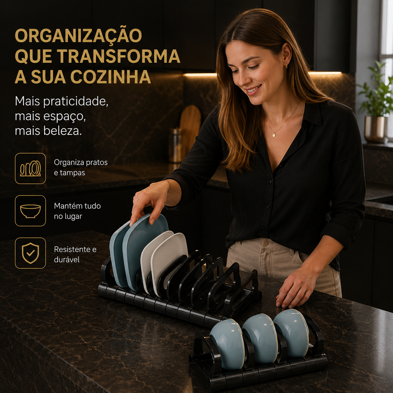 Adjustable Dish and Cup Organizer – Drawer Drainer, Black/White