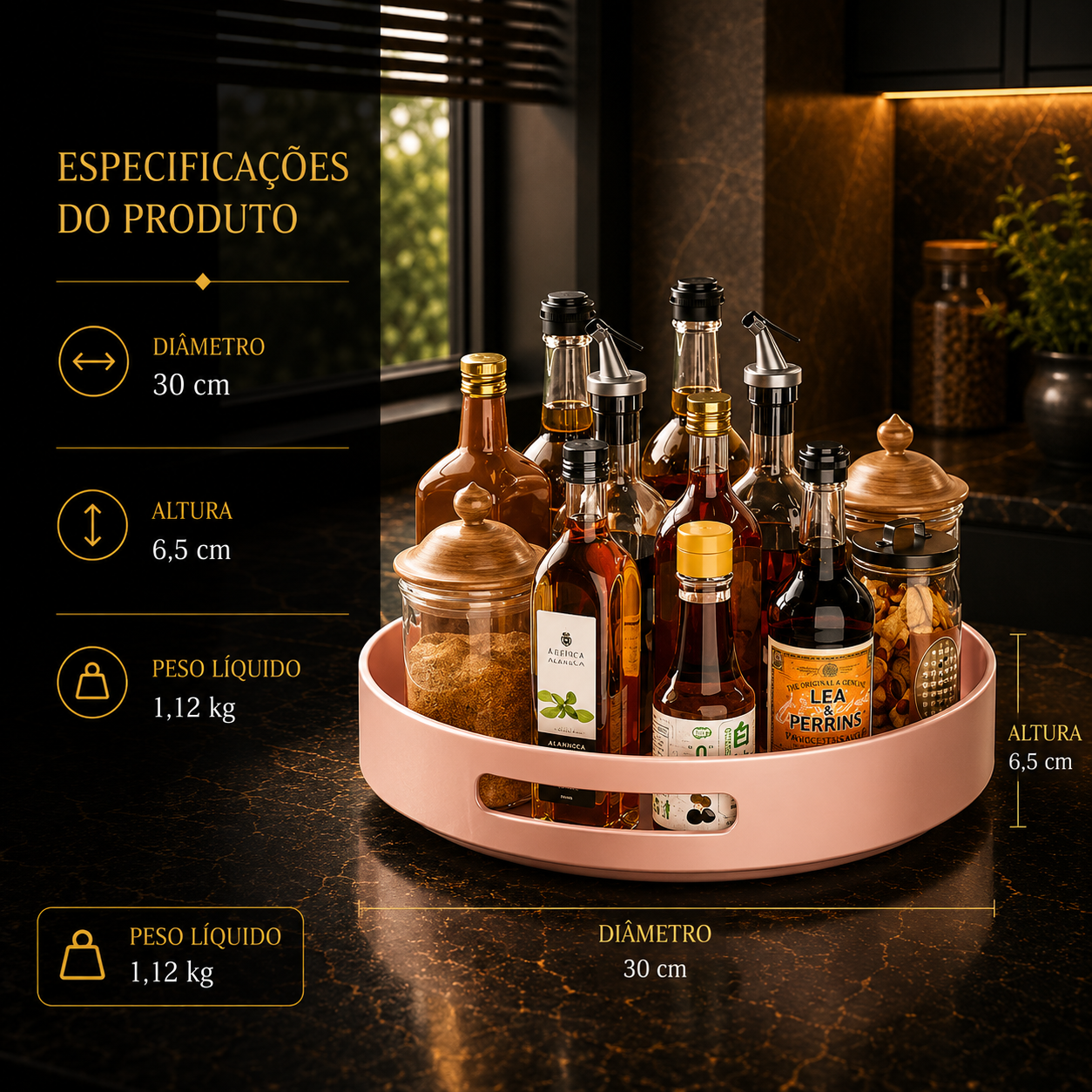 Prateleira de Especiarias Rotativa 360° em Aço Carbono Lazy Susan Organizador Giratório para Despensa Armário Bancada