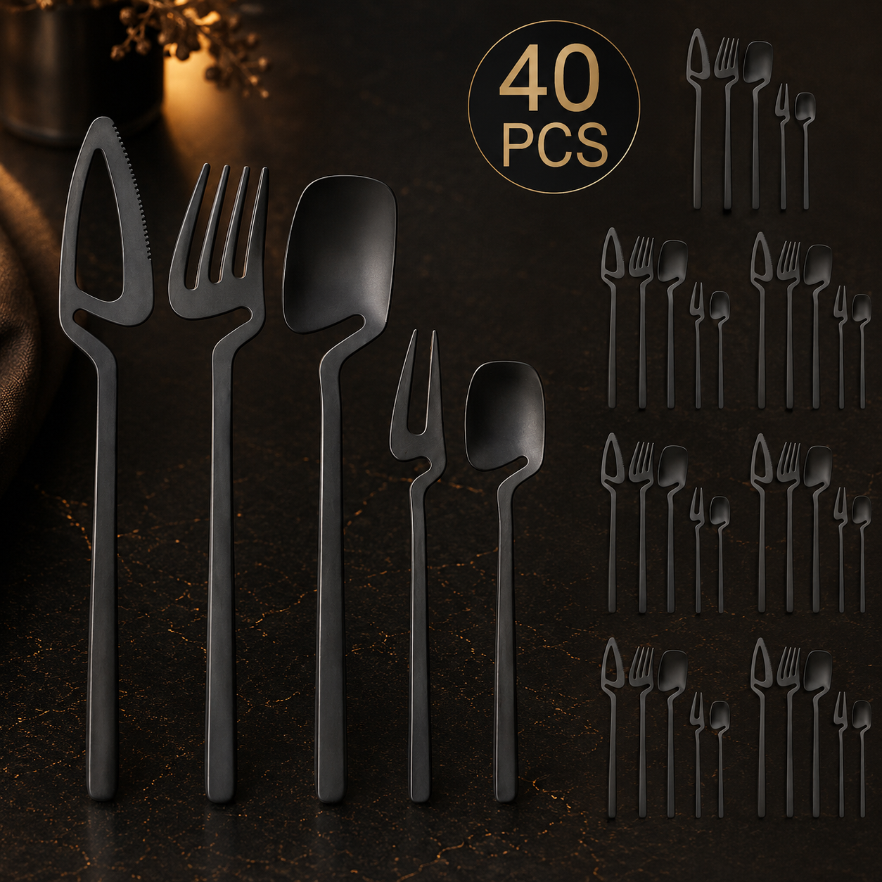 Matte Black Stainless Steel Cutlery Set - 20/30/40 Pieces, Knife, Fork, Spoon