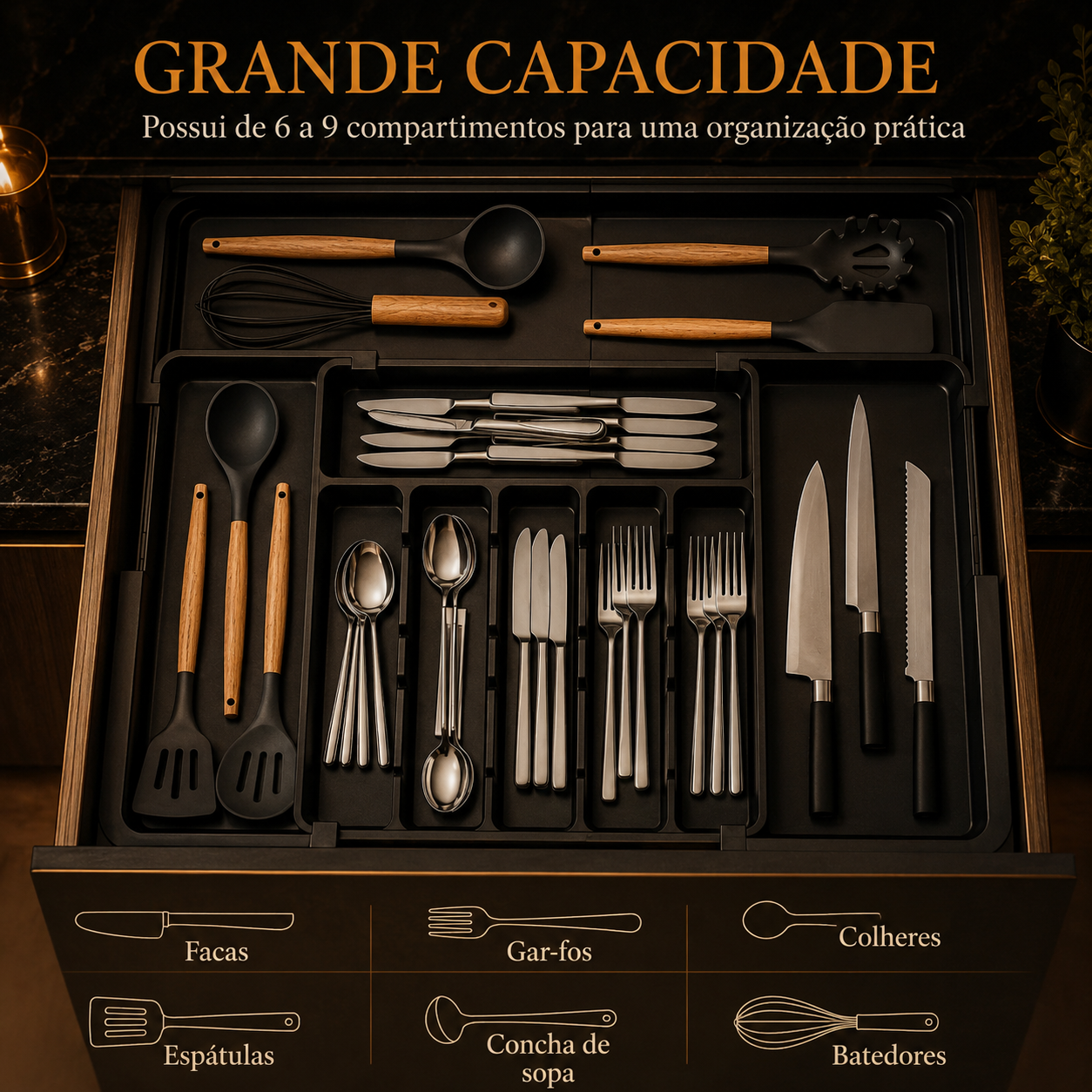 Organizador de Talheres Expansível – Ajustável, 6-9 Compartimentos