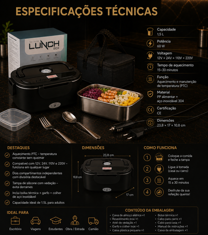 Lancheira Elétrica 1.5L – Aquecimento Automático, 4 Voltagens, com Saco + Garfo + Colher