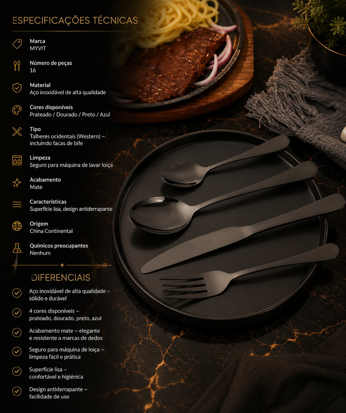 MYVIT - Conjunto de 16 Peças em Aço Inoxidável – Facas de Bife, Estilo Ocidental, Lavável na Máquina de Lavar Loiça