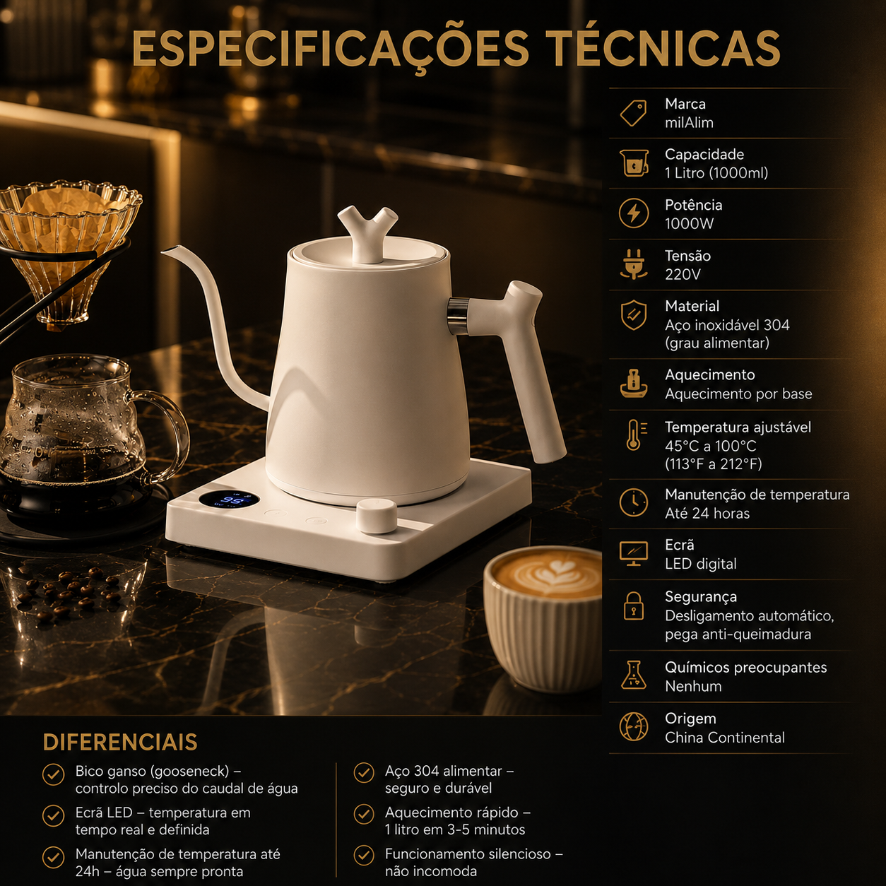 Chaleira Elétrica de Bico de Ganso milAlim 1000W – 1L, Aço 304, Ecrã LED, Controlo de Temperatura