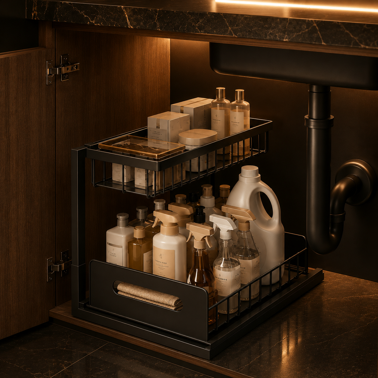 Under Sink Sliding Organizer - Metal Pull Out Shelves for Kitchen, Bathroom and Garage