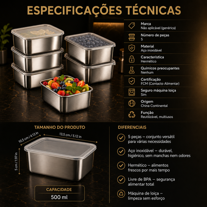 Set of 5 Stainless Steel Containers – Airtight, BPA-free, Dishwasher Safe