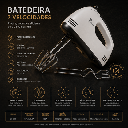 Batedeira Elétrica Portátil 7 Velocidades – Mini Misturadora para Ovos, Natas e Preparações de Cozinha