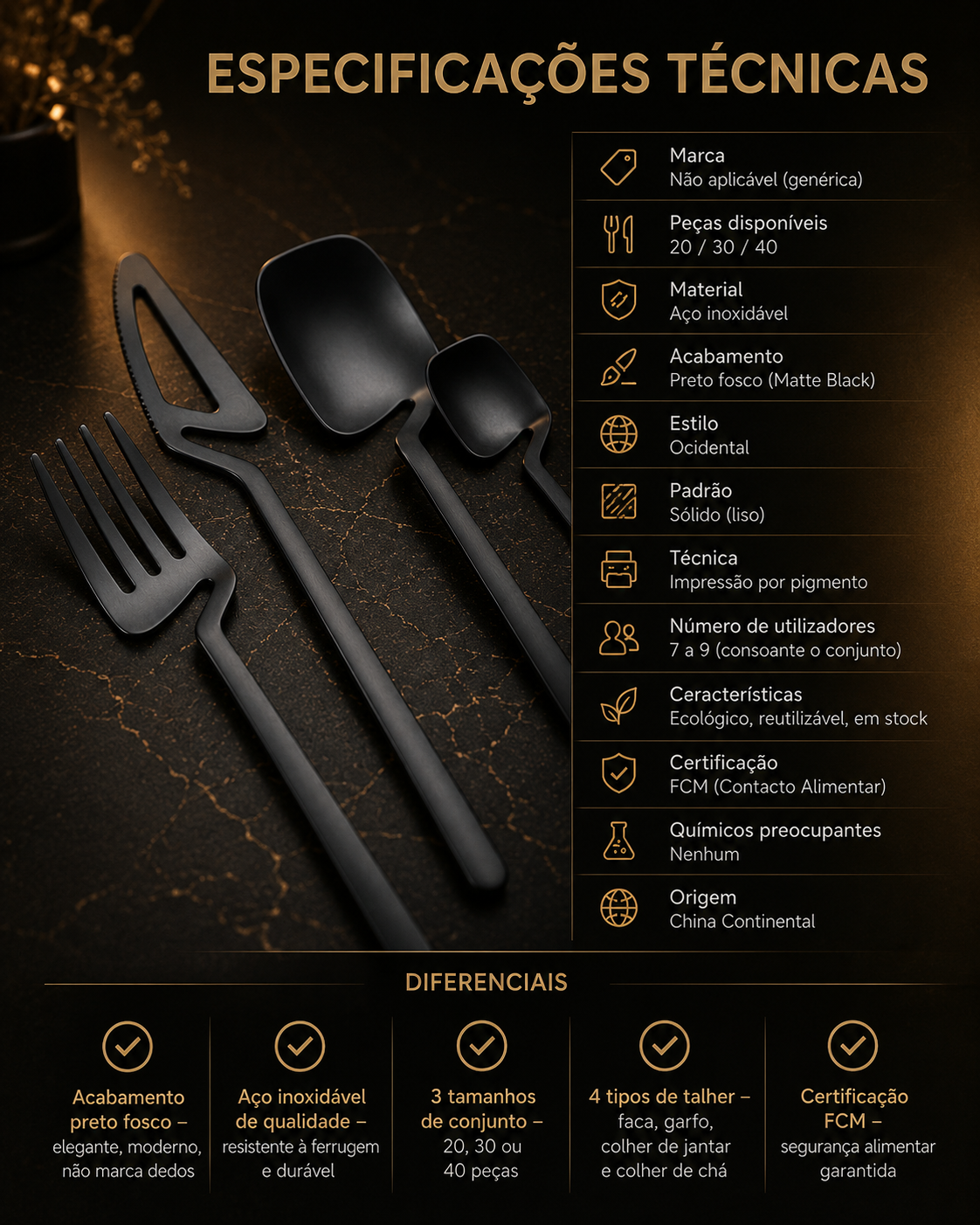 Matte Black Stainless Steel Cutlery Set - 20/30/40 Pieces, Knife, Fork, Spoon