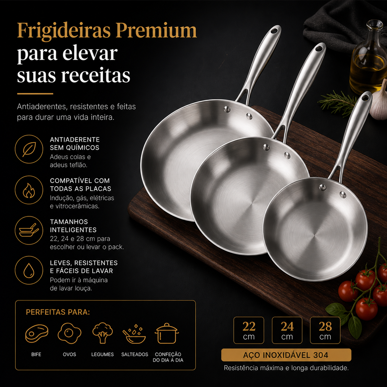 Conjunto Frigideiras JUSTINLAU Aço 304 – Antiaderente Natural, 5 Camadas, Indução