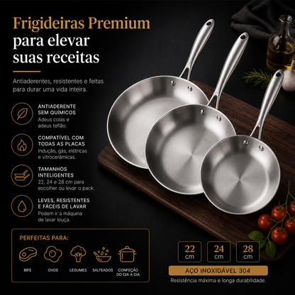 Conjunto Frigideiras JUSTINLAU Aço 304 – Antiaderente Natural, 5 Camadas, Indução