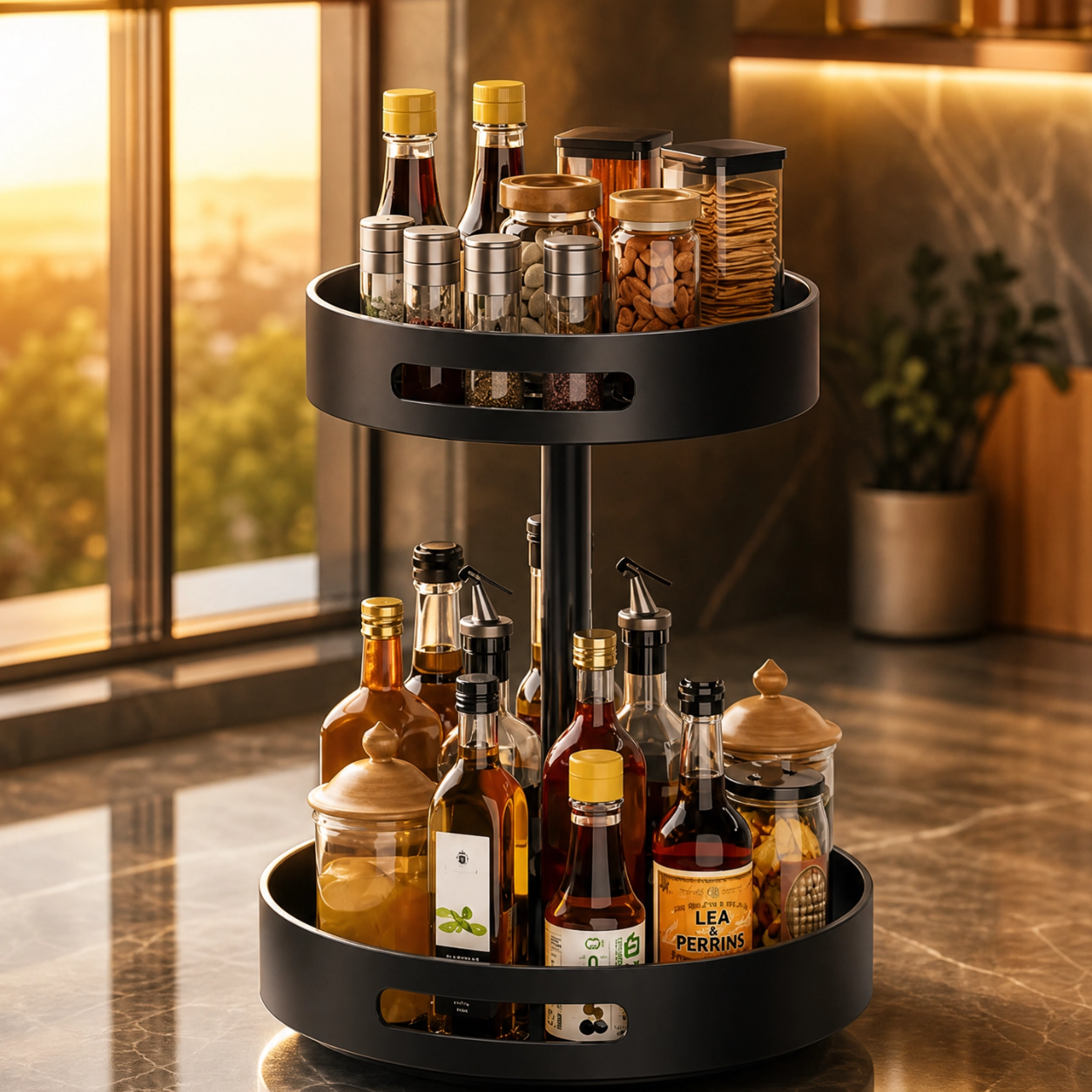 Prateleira de Especiarias Rotativa 360° em Aço Carbono Lazy Susan Organizador Giratório para Despensa Armário Bancada