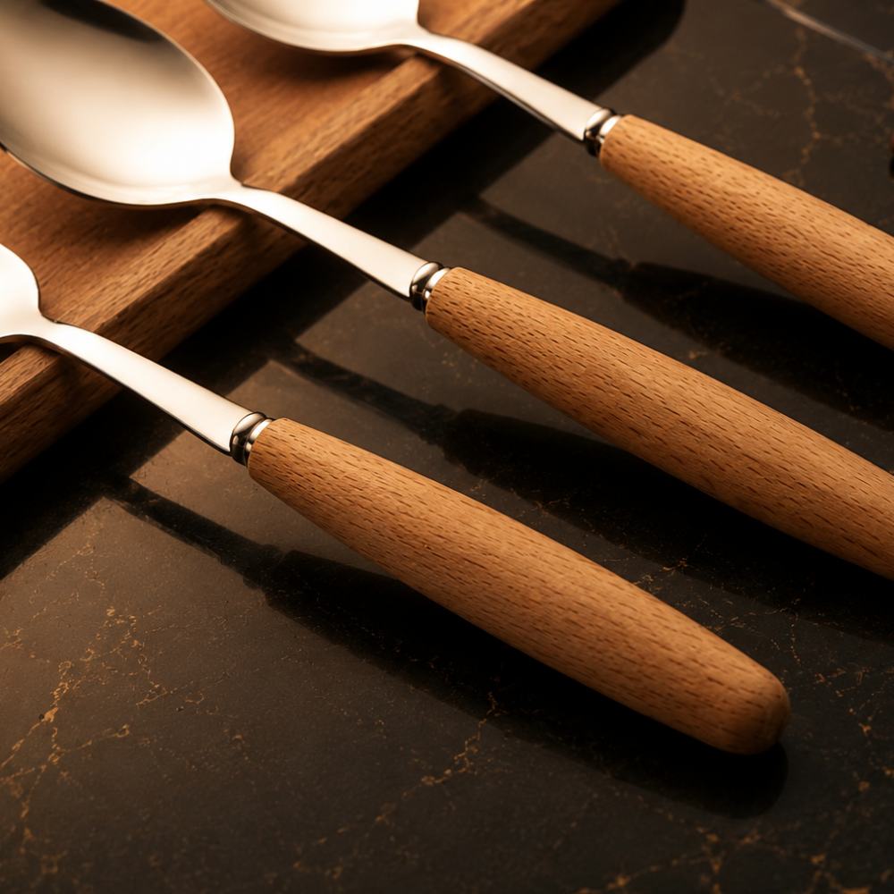 Western Stainless Steel Cutlery with Beechwood Handle – Knife, Fork, Spoon Set