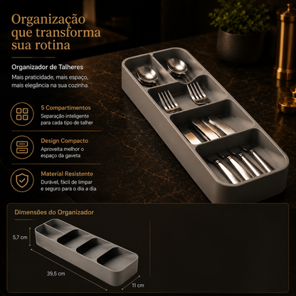 Organizador de Talheres para Gaveta – Compartimentos para Facas, Colheres e Garfos, Design Inclinado, Poupa Espaço