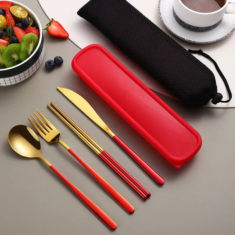 4-Piece Portable Cutlery Set – Stainless Steel, with Case, for Travel and Camping