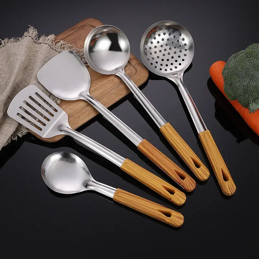 Conjunto Premium de Utensílios em Aço Inoxidável 304 – Cabo de Madeira, 5 Peças