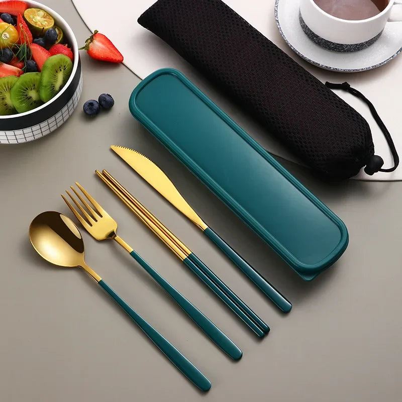 4-Piece Portable Cutlery Set – Stainless Steel, with Case, for Travel and Camping