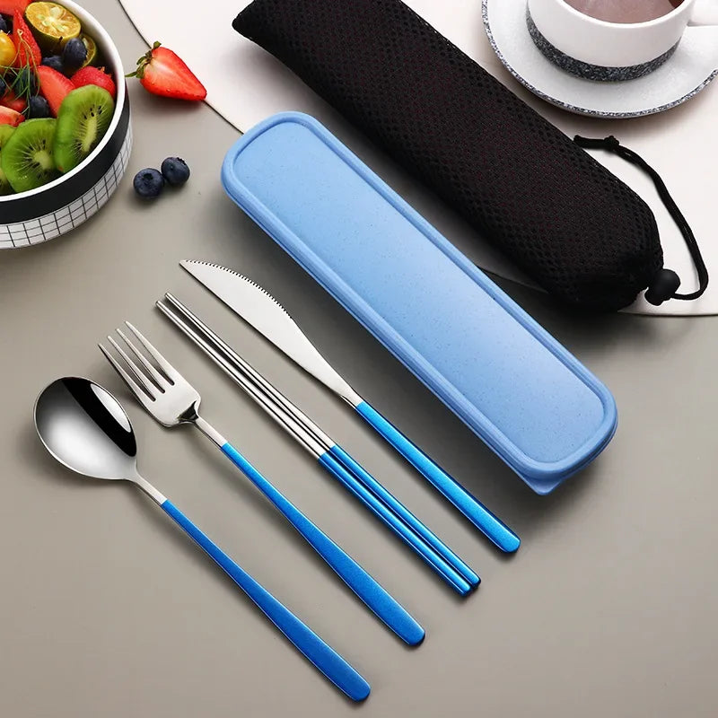 4-Piece Portable Cutlery Set – Stainless Steel, with Case, for Travel and Camping